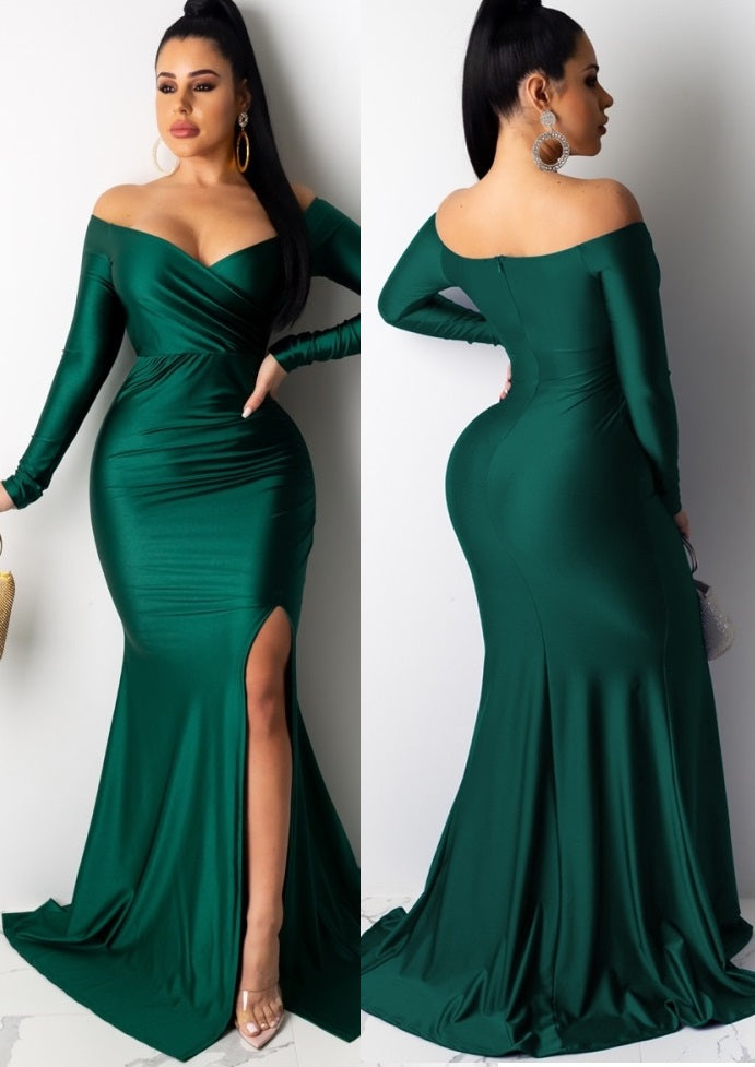 Green Sexy Sweetheart Long Sleeve Slit Mermaid Evening Dress