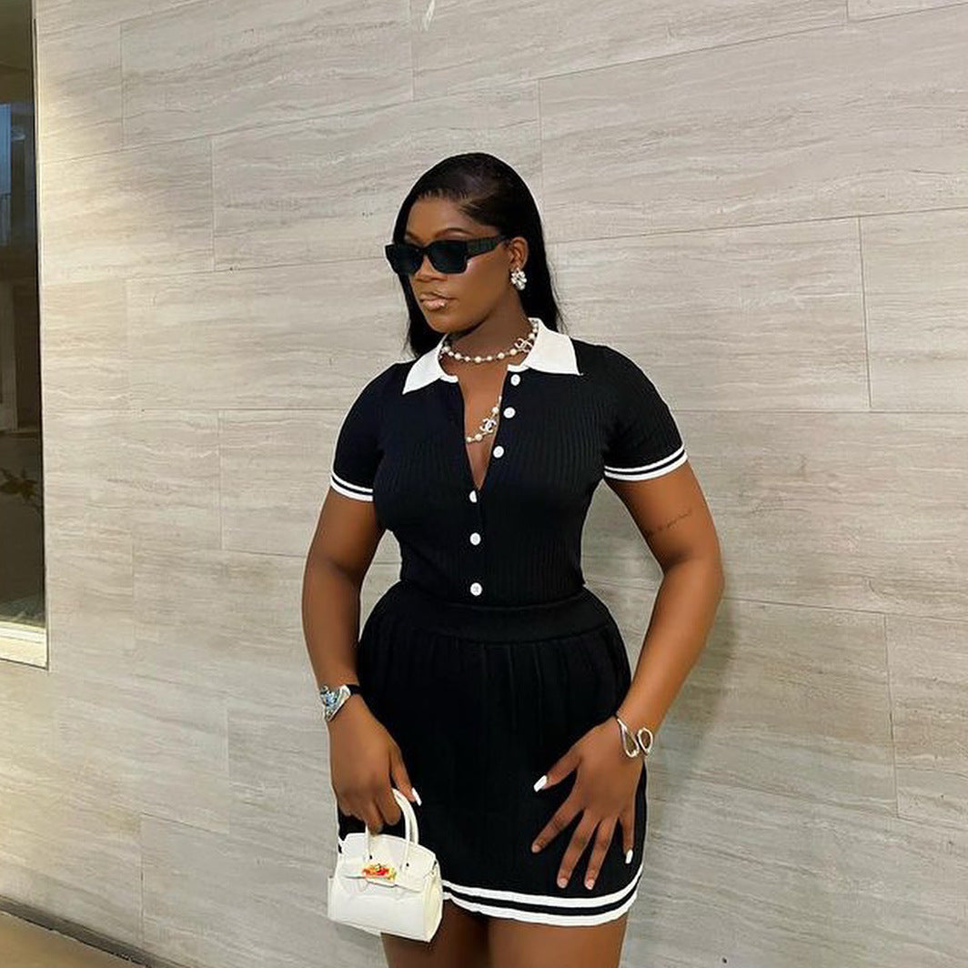 Contrast Turndown Collar Short-Sleeved Shirt Top High Waist Slim Fit Pleated Skirt Two Piece Set 3