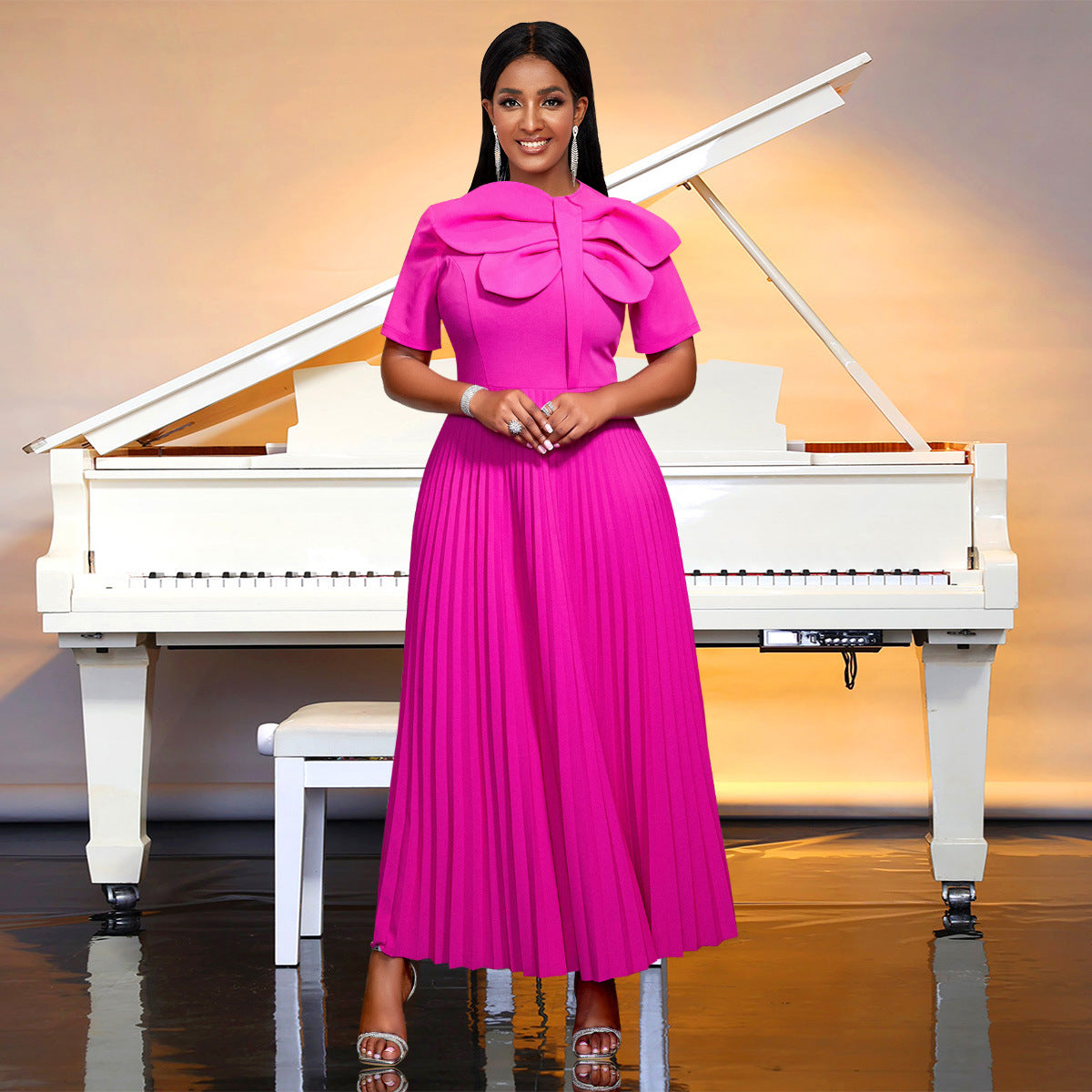 Plus Size Women Elegant Pleated Rose Bowknot Dress 3