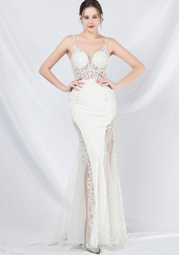 Women Lace Beaded Fishbone Vest Off-Shoulder Tail Evening Gown