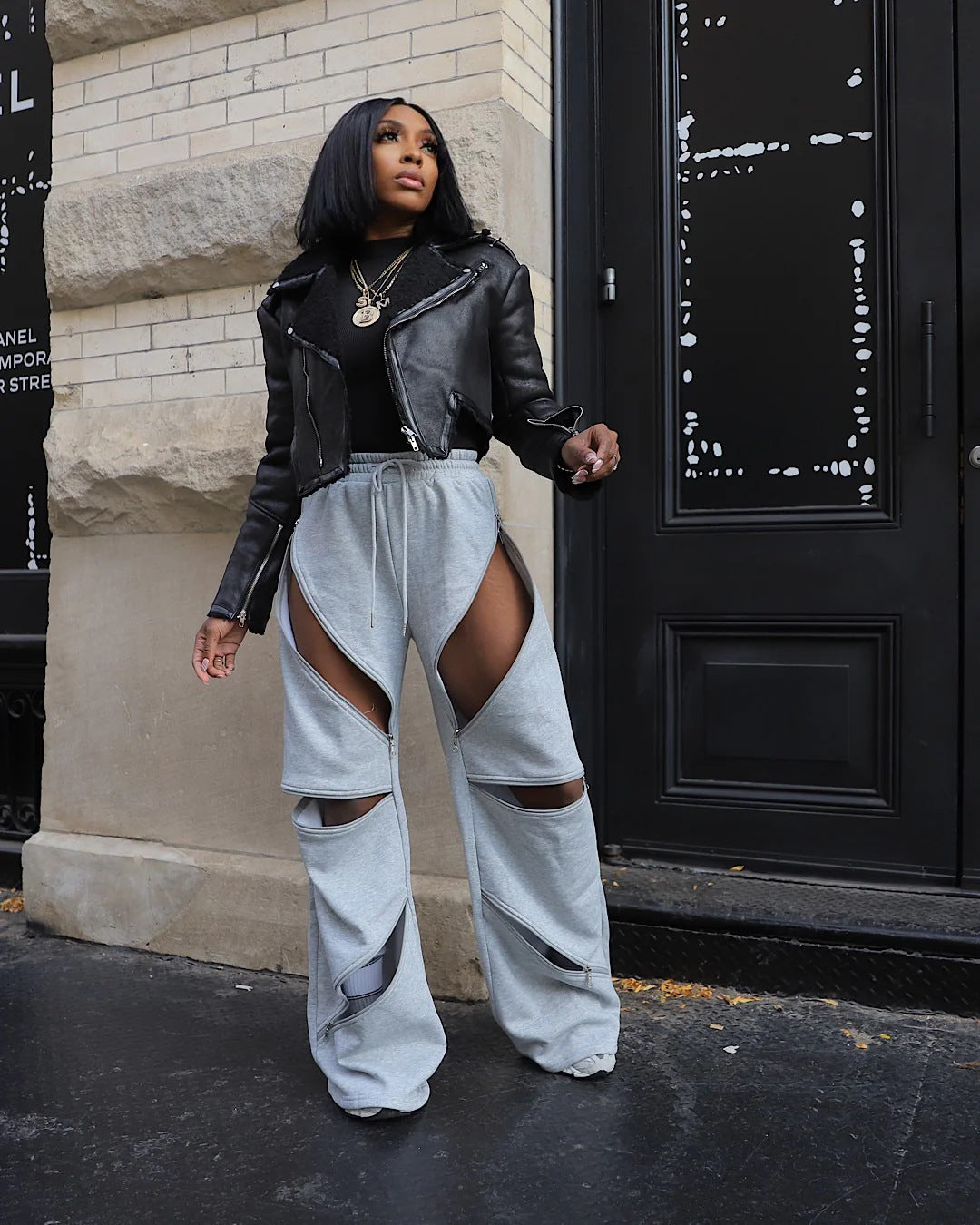 Women Patchwork Zipper Straight Bell Bottom Pants 5