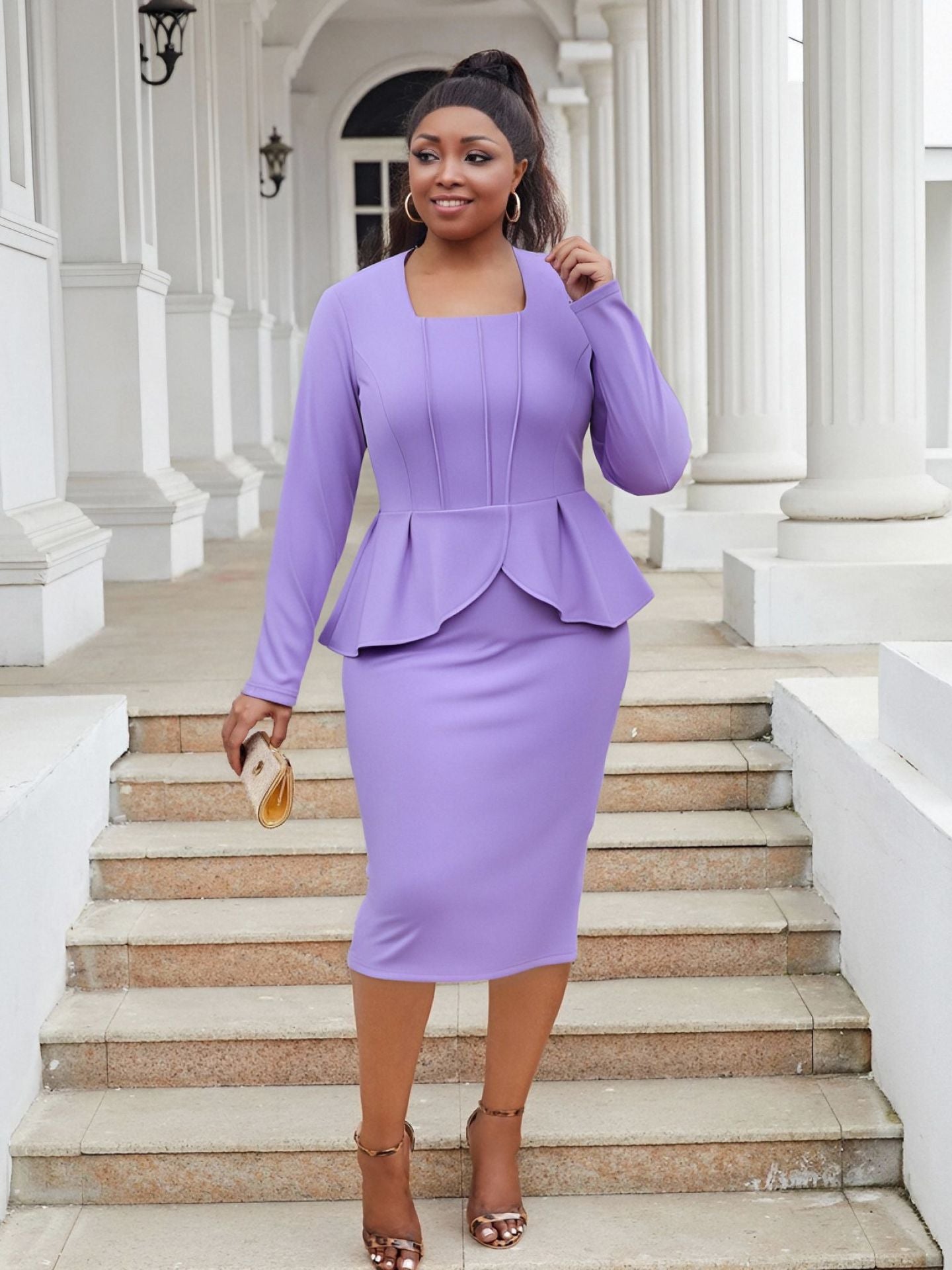 Plus Size Women deep U-neck long sleeve ruffled bodycon dress 6