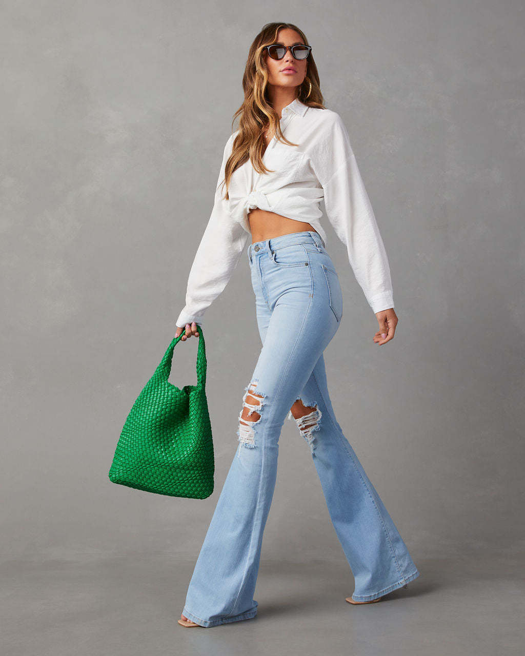 Women High Waist Ripped Denim Bell Bottom Pants 5