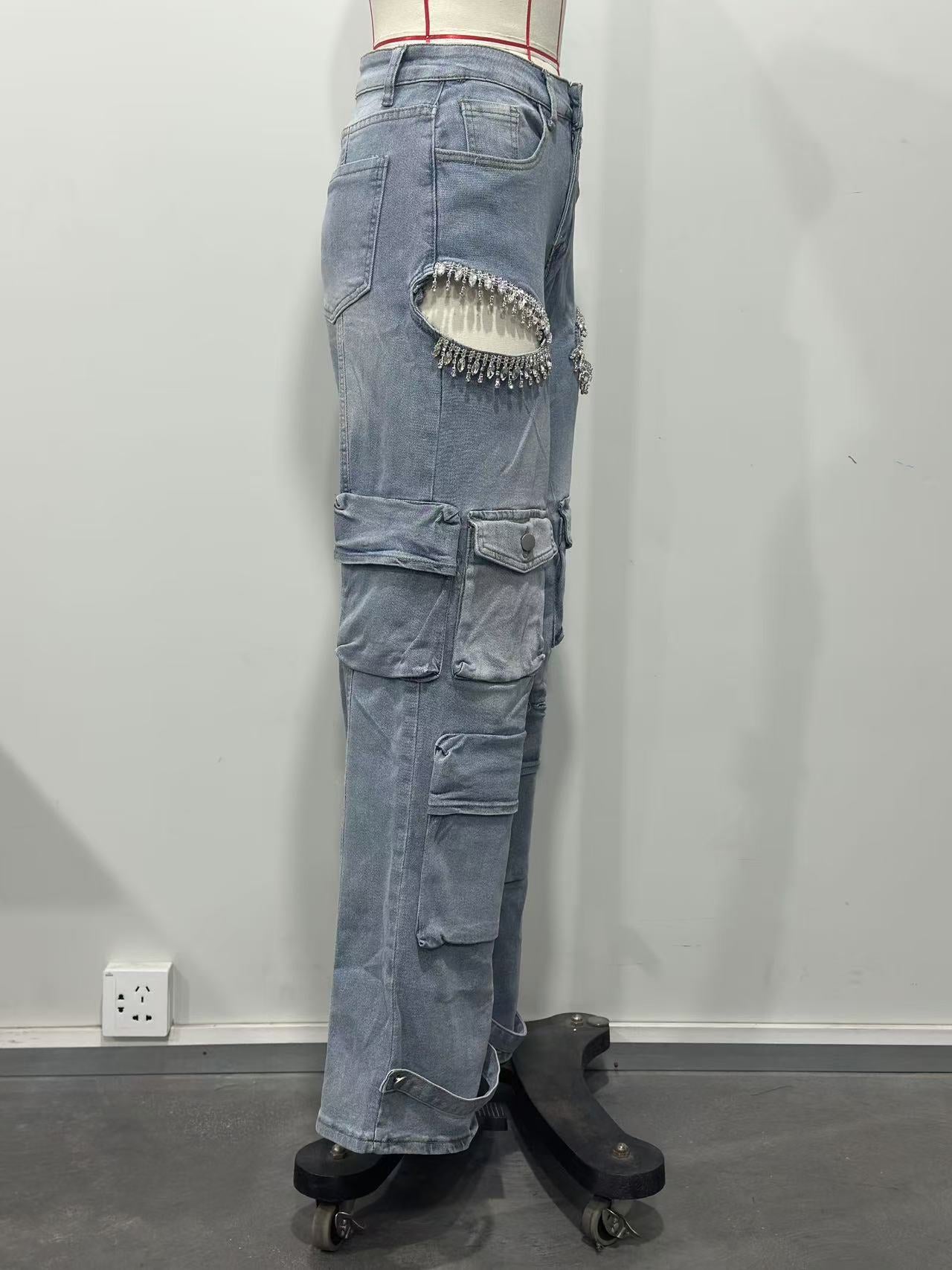 Fashionable Women's Multi-Pocket Cut Out Diamond Denim Pants 13