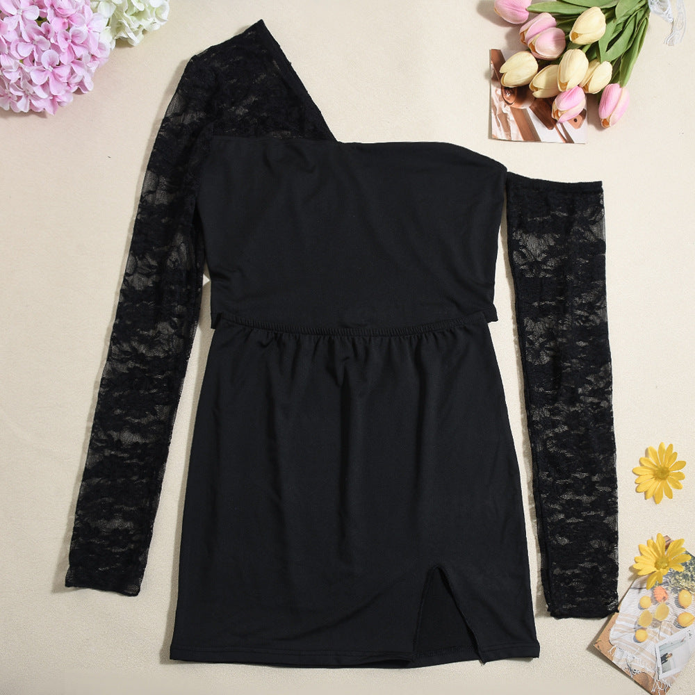 Women Spring and Summer Lace Sexy Hollow One-shoulder Irregular Top and Skirt Two-piece Set 9