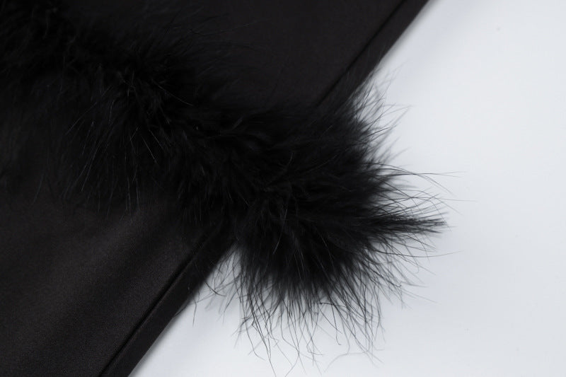 Autumn Women's Sexy Beaded Straps Slim Waist Low Back Furry Dress 12