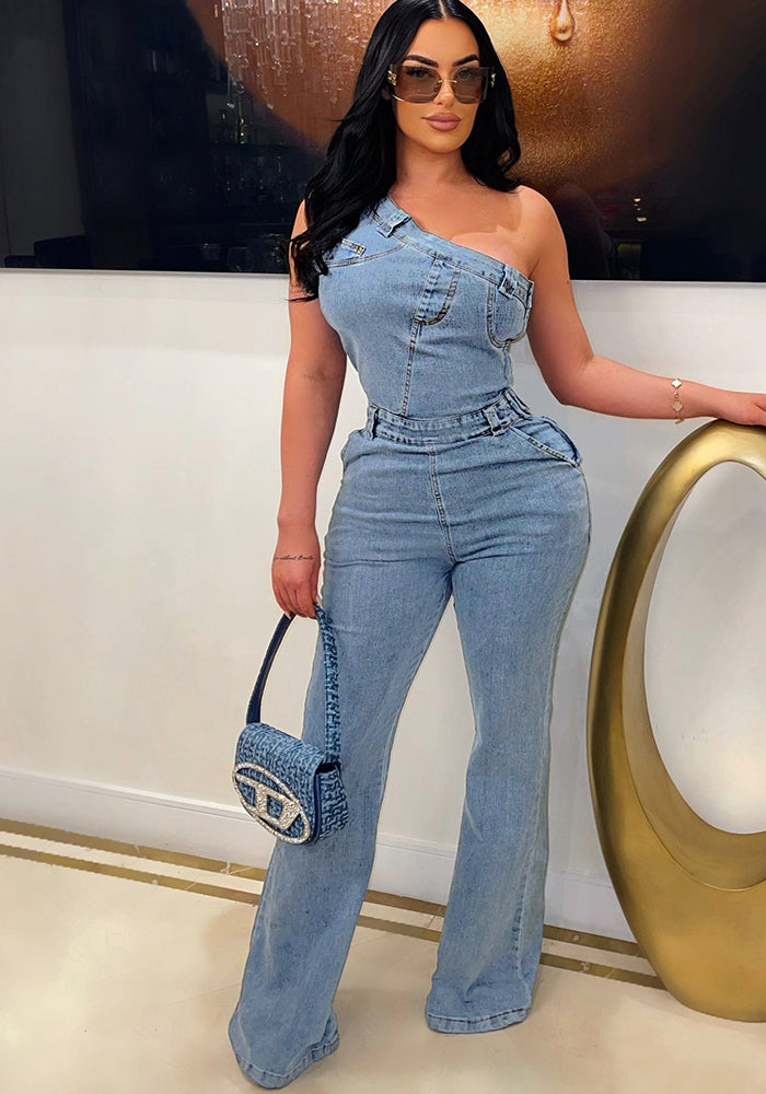 Slash Shoulder Slim Fit Stretch Washed Bell Bottom Denim Jumpsuit