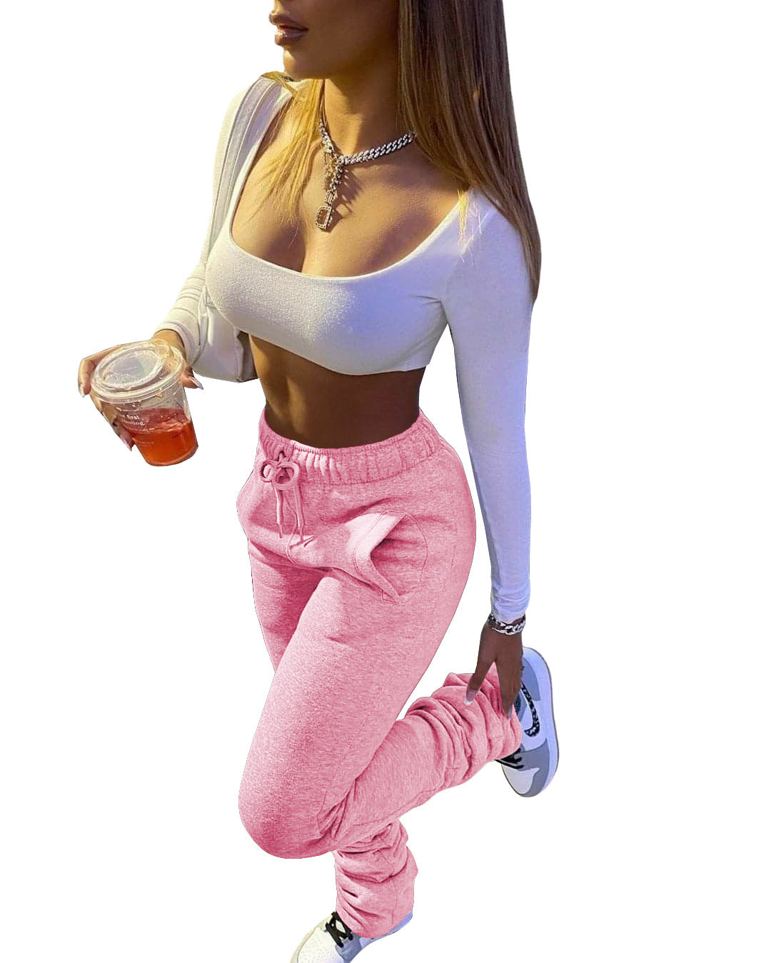 Women Fleece Sports Casual Drawstring Pockets Stacked Pant 17