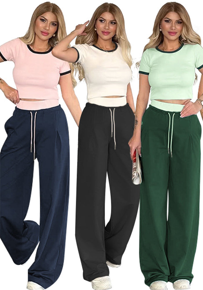 Women's Summer Color-Blocked Round Neck Short Sleeve Casual Pants Set