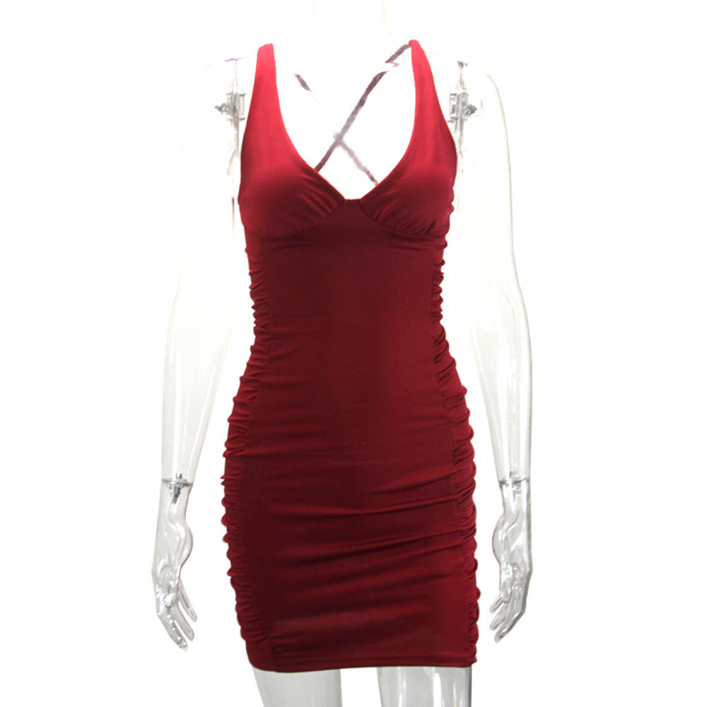 Women Summer V-Neck Backless Pleated Bodycon Dress 17