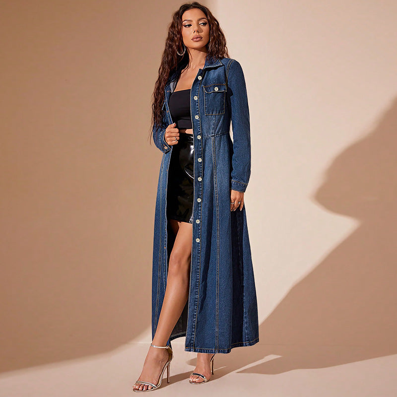 Women's Turndown Collar Button Denim Long Dress 4