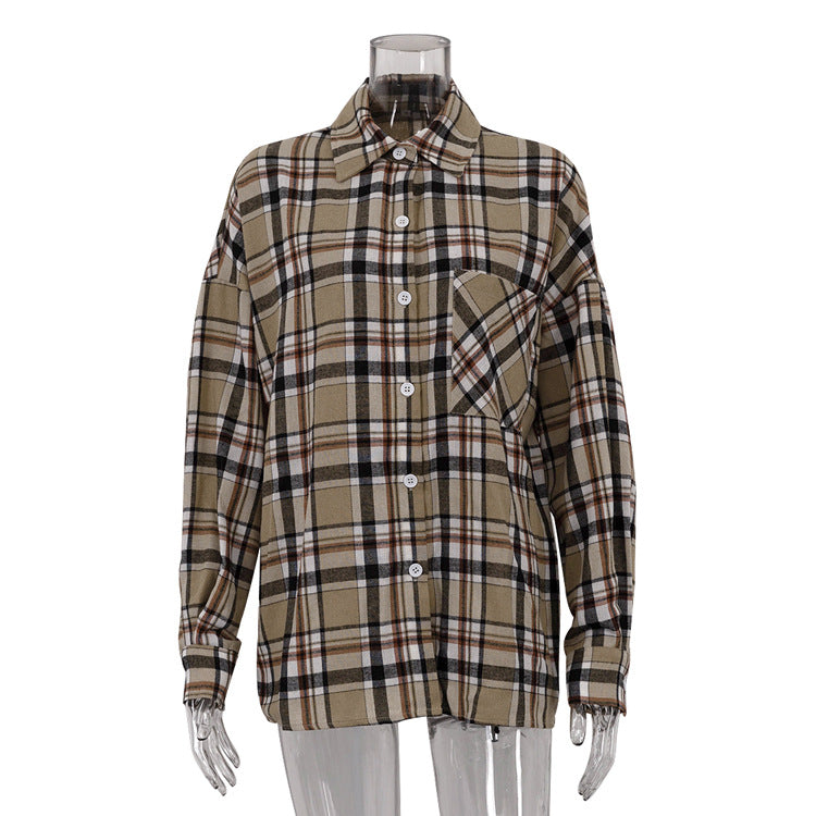 Women American long-sleeved plaid shirt irregular skirt two-piece set 6