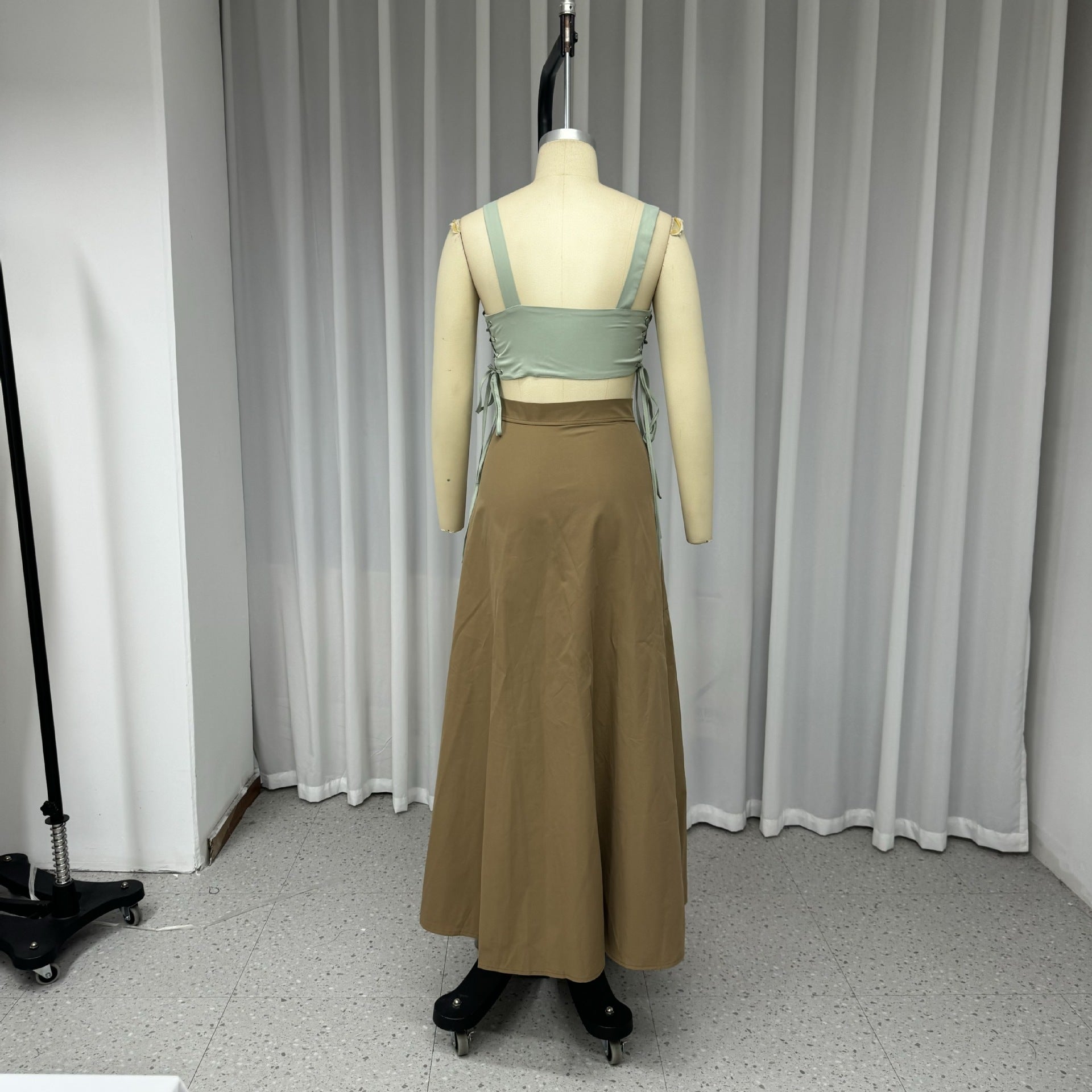 Women Fashion Casual Sleeveless solid color tie Tank Skirt two-piece set 5