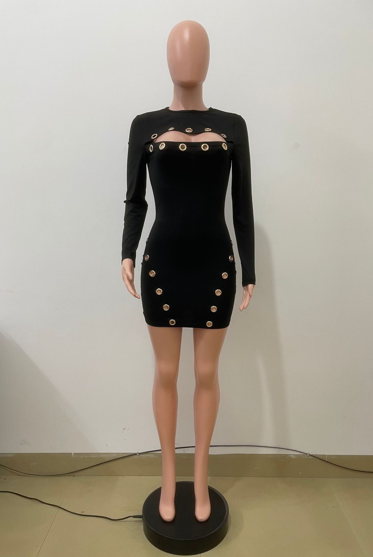 Autumn Winter Fashion Sexy Hollow Out Metal Button Dress 7