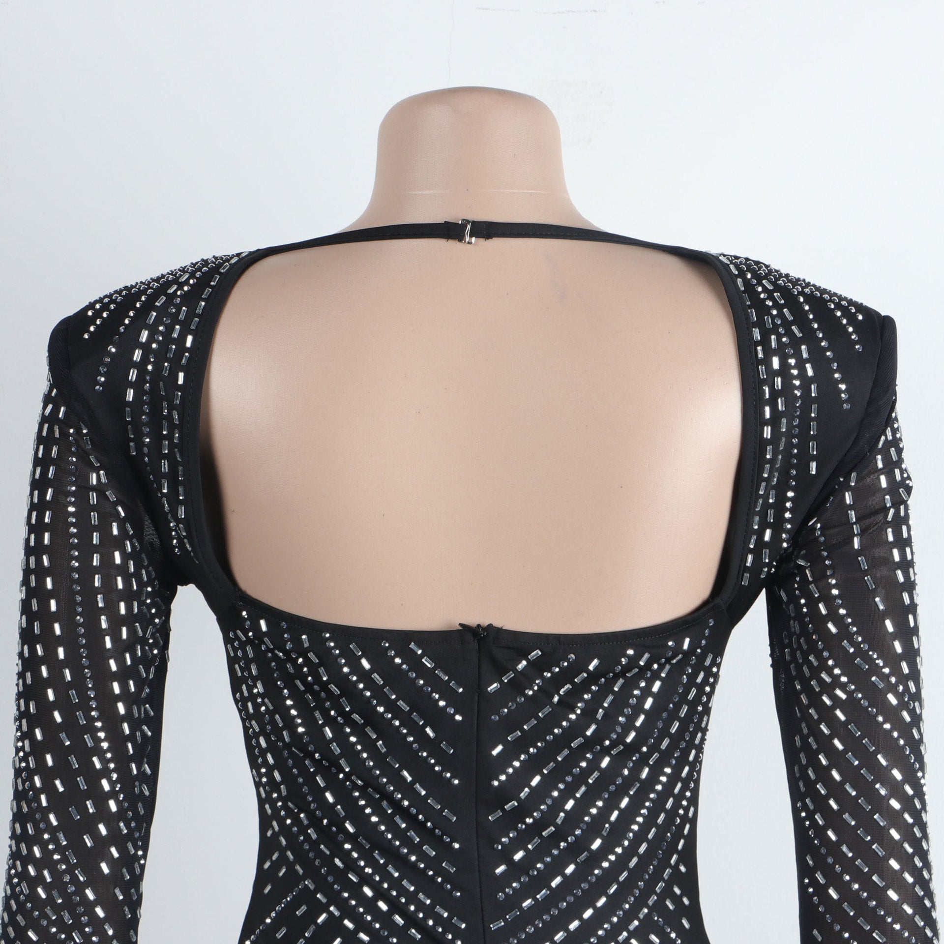 Women Sexy Long Sleeve Beaded Backless Hollow Solid Dress 20