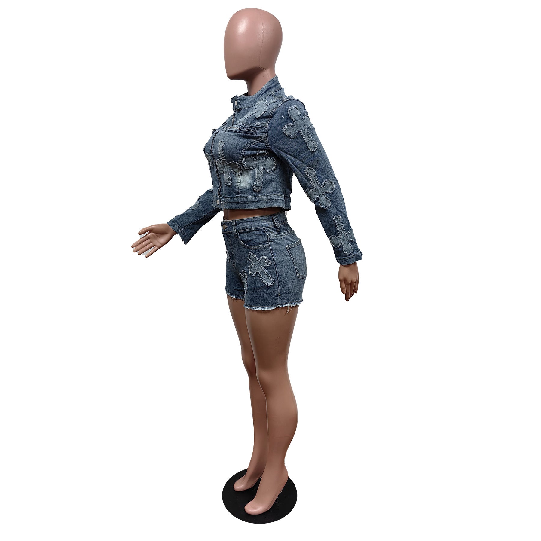 Women Denim Embroidered Cross Stretch Top and Shorts Two-piece Set 11