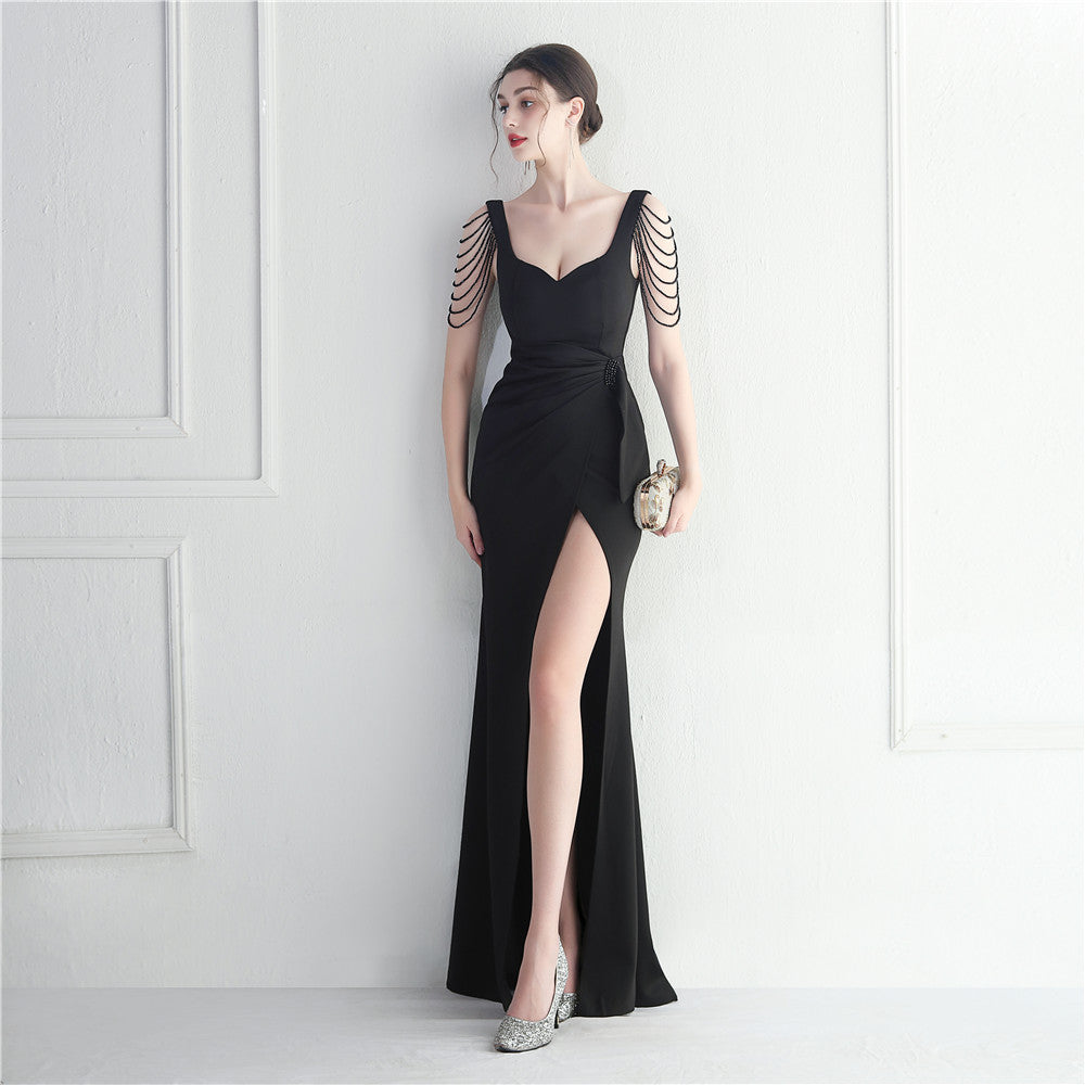 beaded car model bridesmaid show wedding long slit evening dress