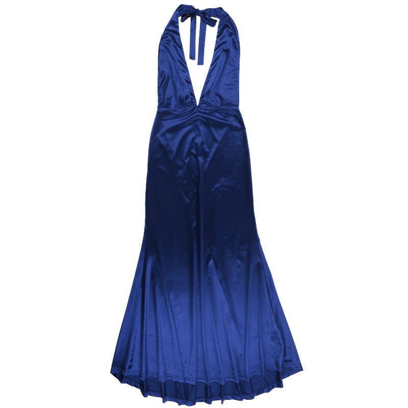 Sexy Deep V-Neck Halter Neck Low Back Satin Maxi Dress Chic Gown 9