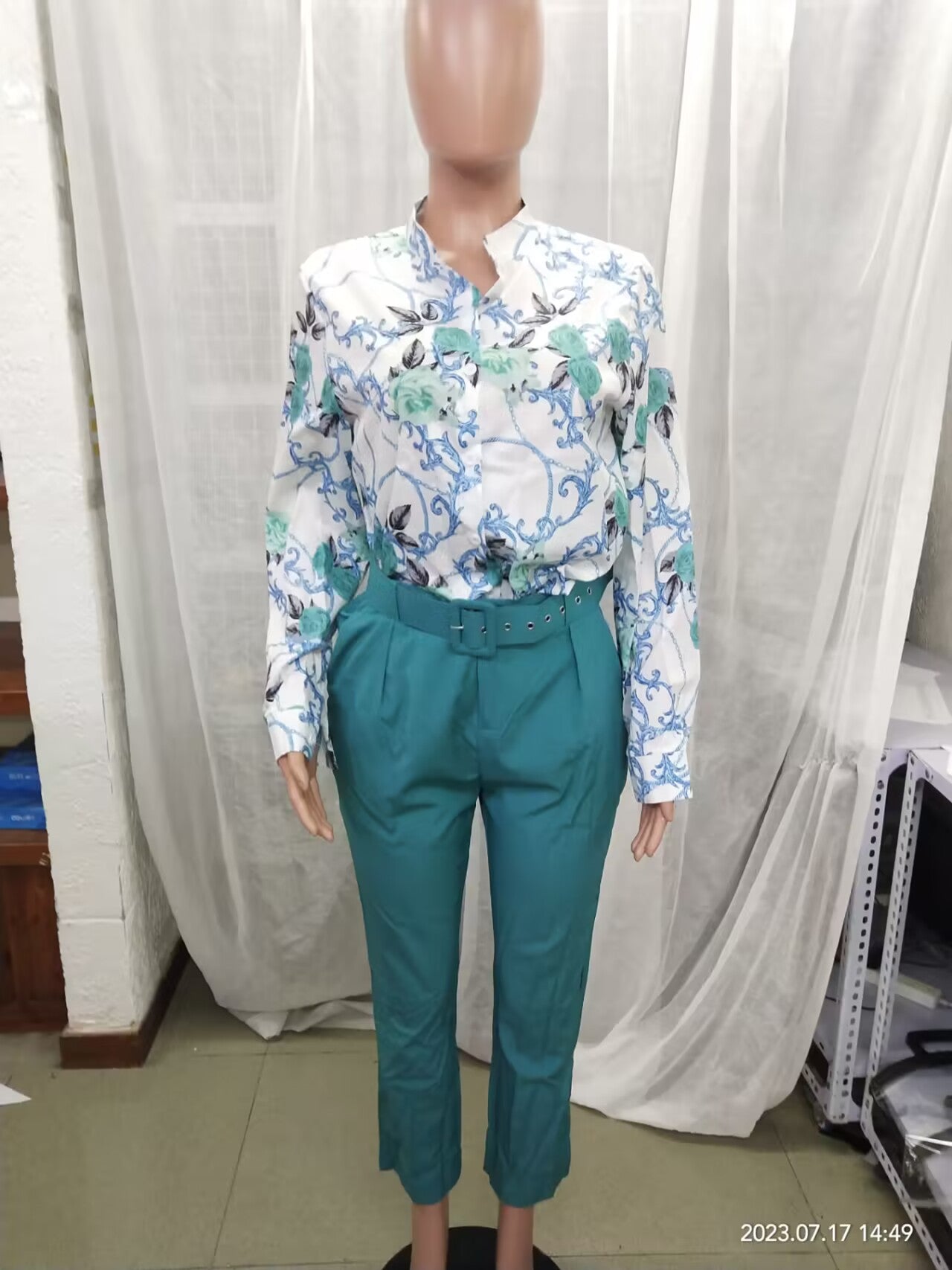 Women Long Sleeve Printed Shirt + Solid Pant Casual Two-Piece Set (No Jacket) 22