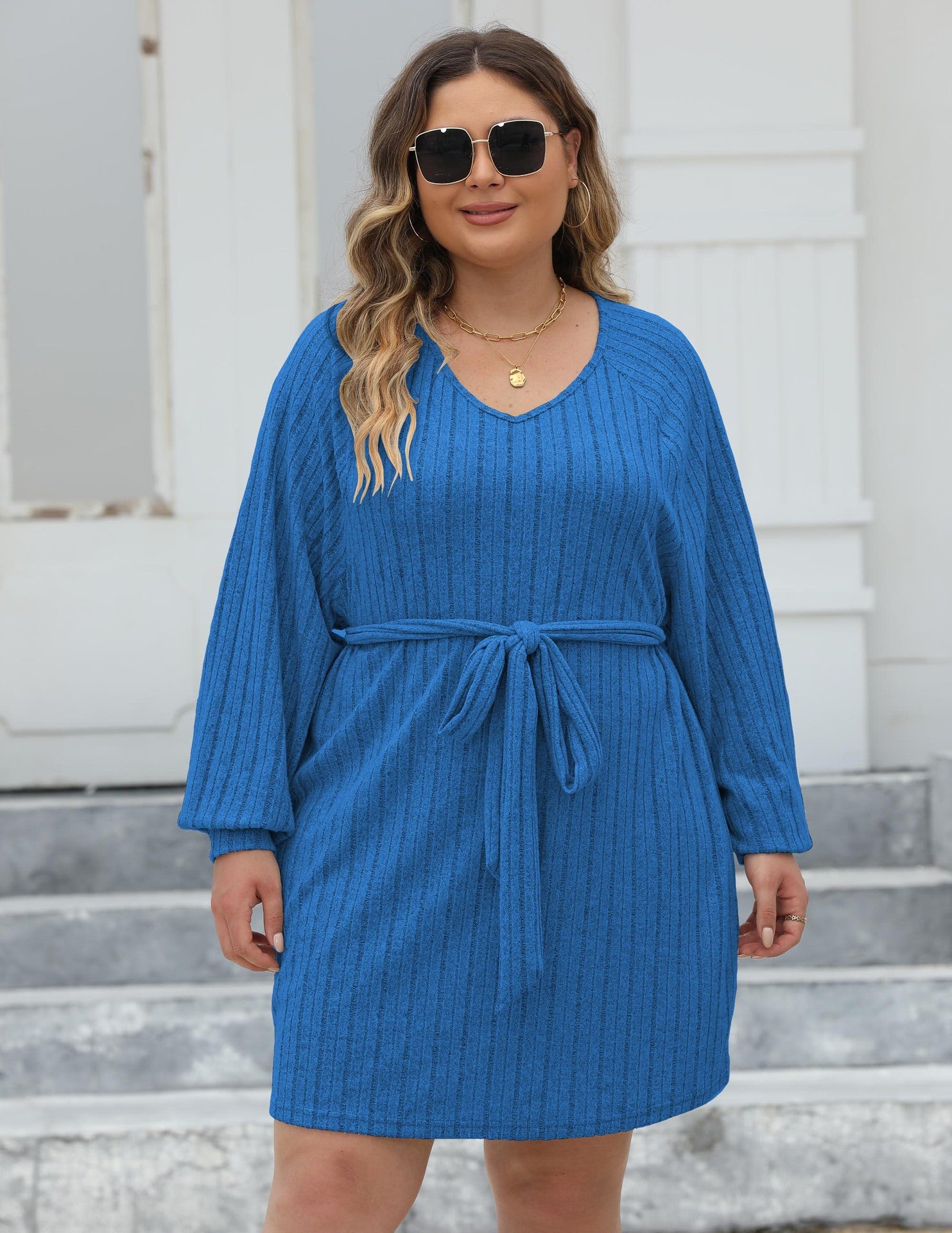 Plus Size Women Lace-Up Ribbed V-Neck Casual Dress 5