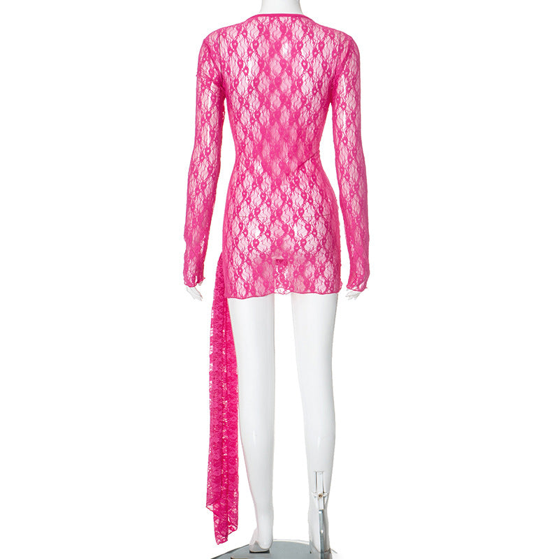 Women's Autumn Fashion See-Through Lace Long-Sleeved Short Slim Bodycon Dress 9