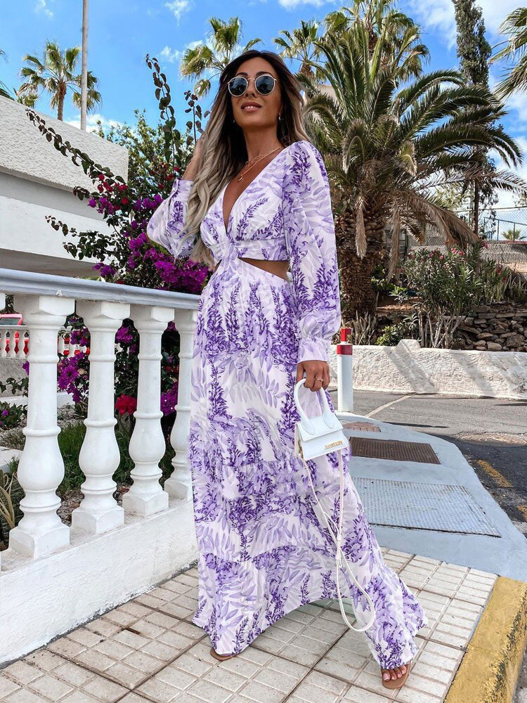 Fashion Women Clothing Spring Long Printed V-Neck Long Sleeve Maxi Dress 8