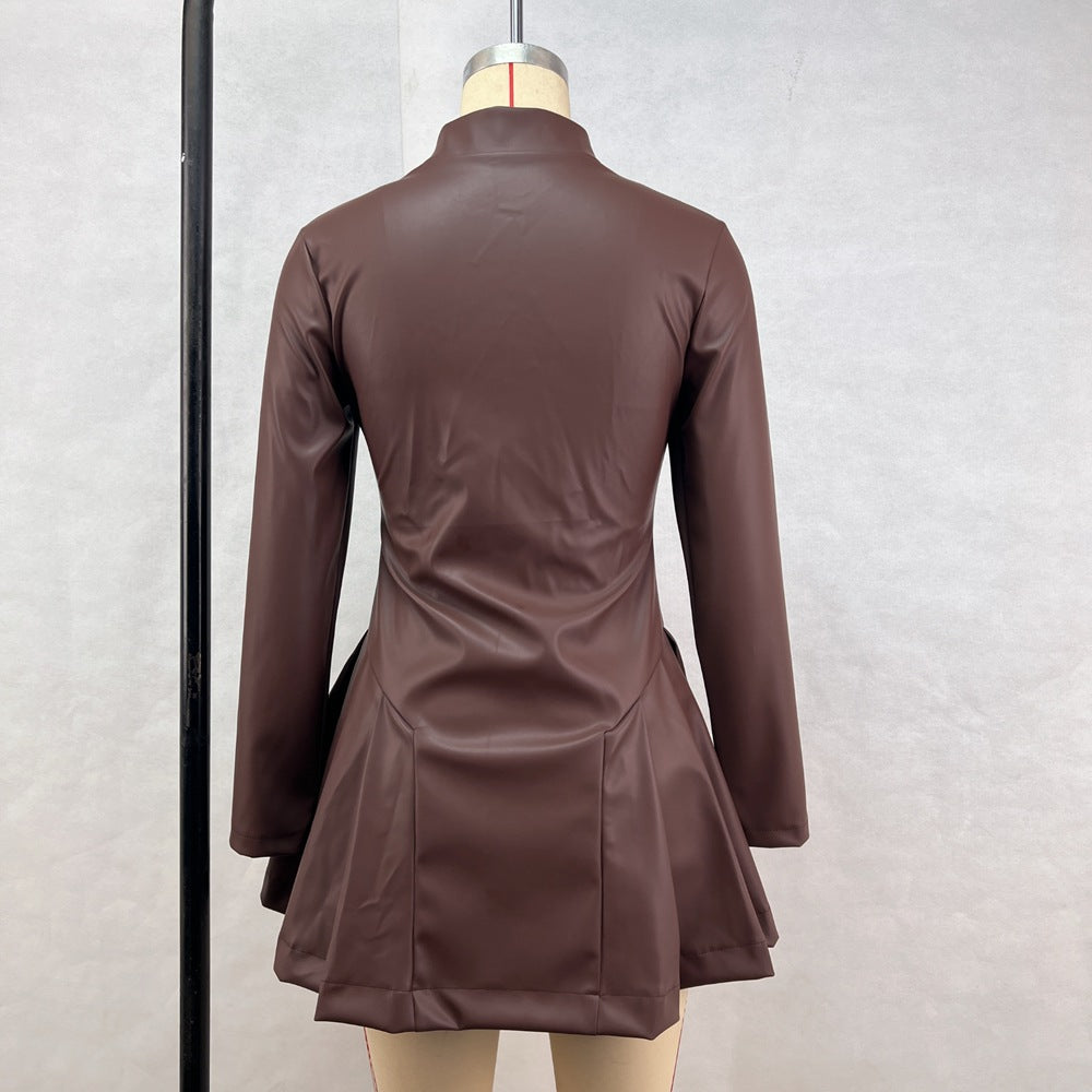 Women's Fashion Slim Fit Long Sleeve Zipper Pleated Pu Leather Dress 9