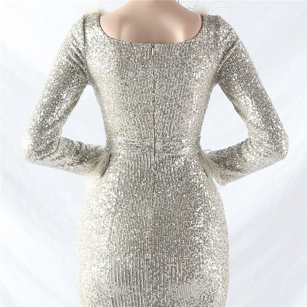 Women ostrich feather long-sleeved sequined evening dress 36