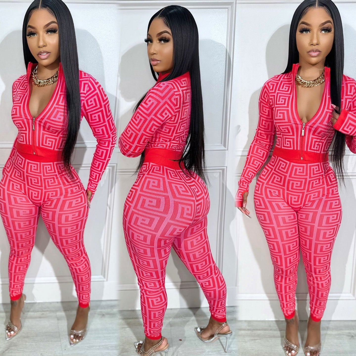 Women Sexy Printed Stretch Long Sleeve Top and Pant Two-piece Set 4