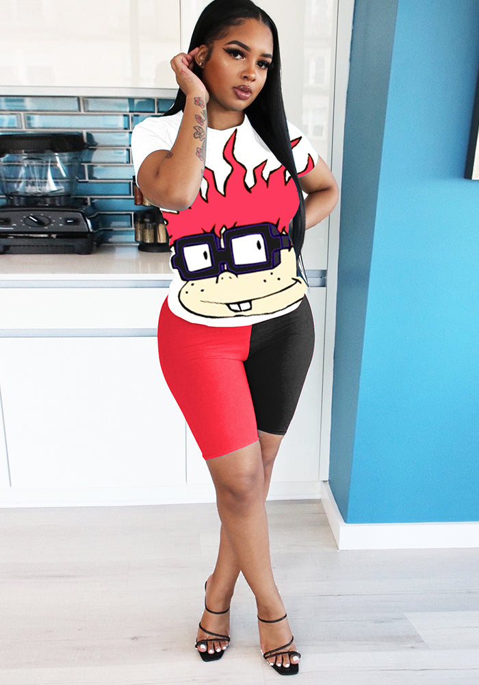 Women's Cartoon Printed Contrast Color Two Piece Fashion T-Shirt Shorts Set 7