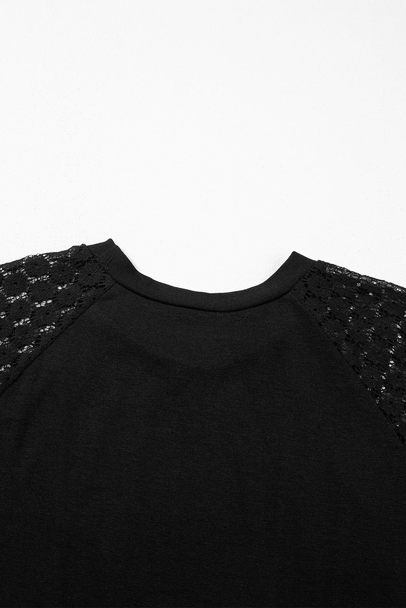 Women Spring and Summer Solid Hollow Lace Short Sleeve Round Neck Crumpled Dress 25