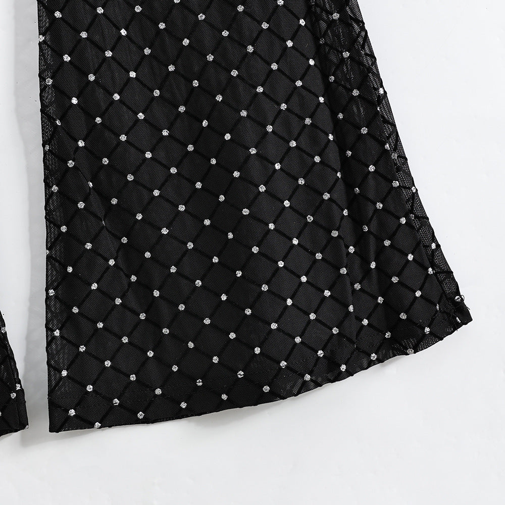 See-Through Rhinestone Mesh Sexy Trousers Women Nightclub High Waist Flared Pants 12