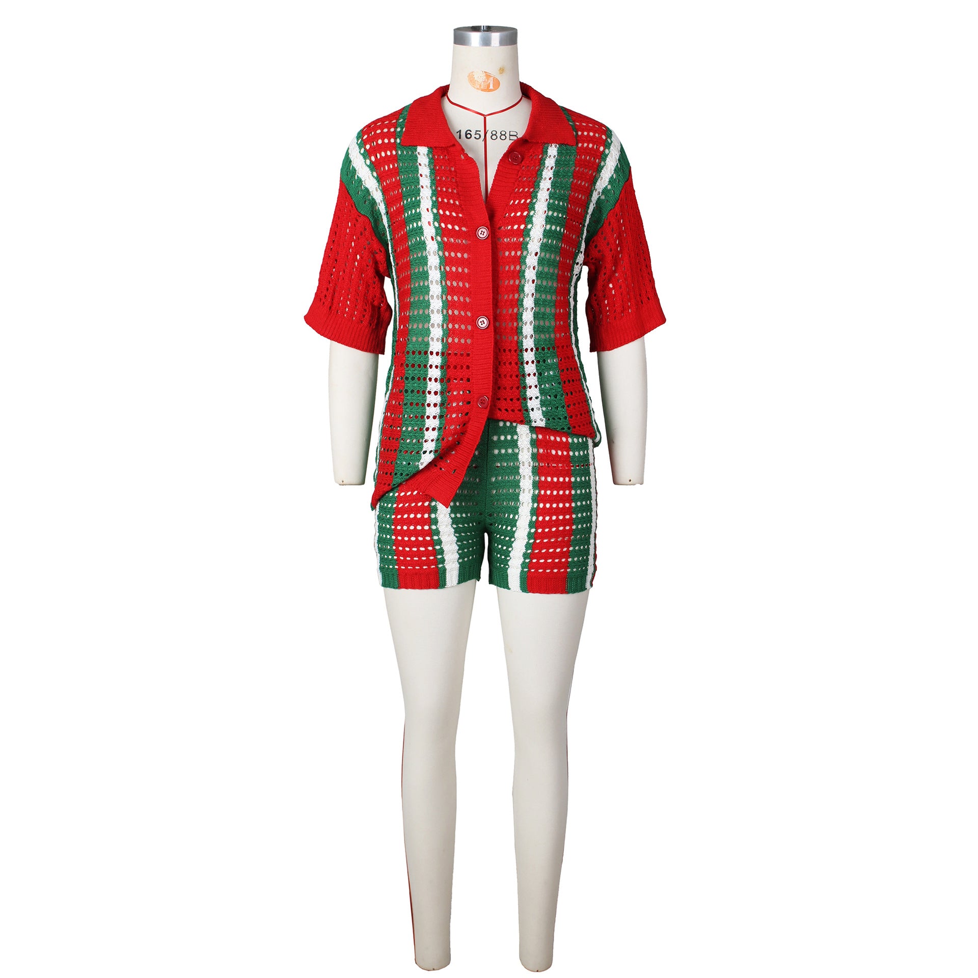 Women Sexy Cutout See-Through Contrasting Color Turndown Collar Top and Shorts Two-Piece Set 12