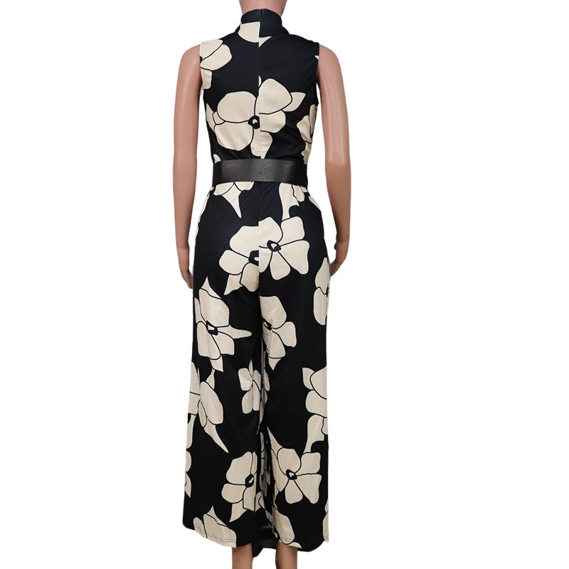 Women Summer Stand Collar Printing Jumpsuit 7