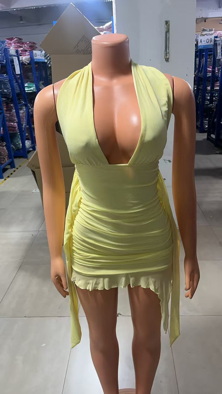 Women Autumn and Winter Solid Lace-Up Backless Ruffle Edge Halter Neck Dresses 6