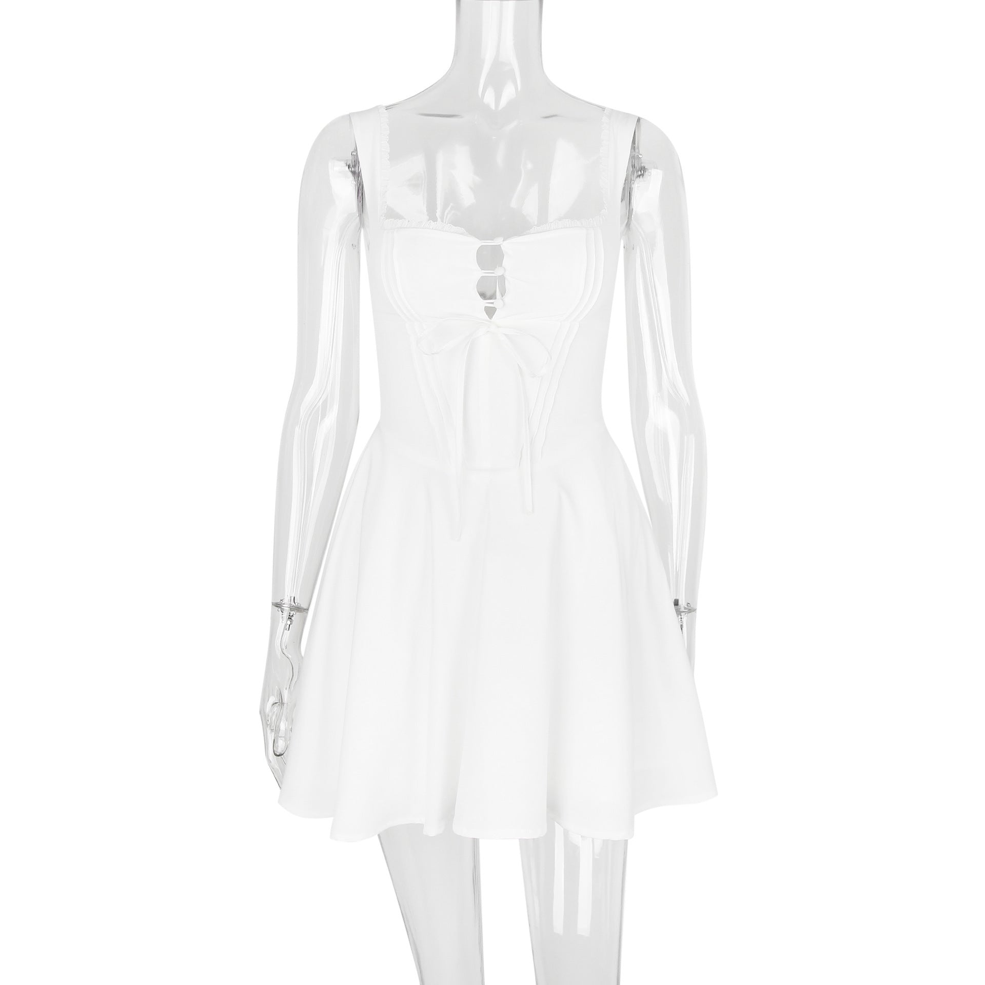 Lace Patchwork Strap Slim Low Back Puffy A-line Mini Dress 10