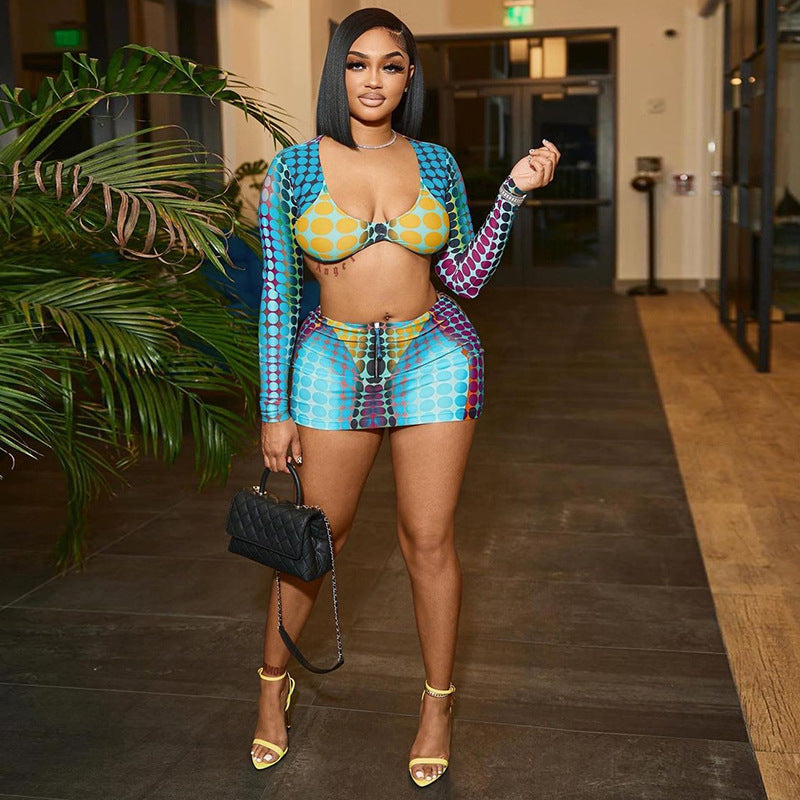 Spring Ladies Low Neck Digital Printing Long Sleeves Slim Fit Casual Skirt Set