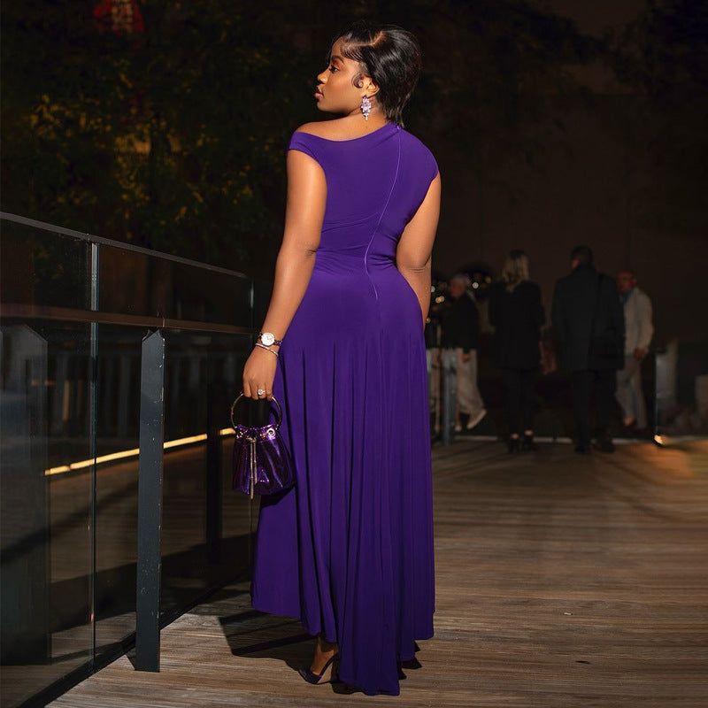 African Women Solid Off-shoulder Slit Dress 5