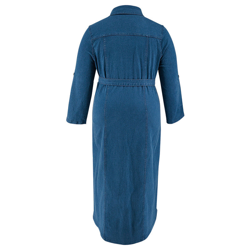 Plus Size Women Denim Turndown Collar Long Sleeve Lace-Up Maxi Dress 8