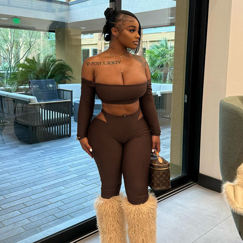 Women's Autumn Off-Shoulder Crop Top & High-Waist Hollow Out Pants Set 9