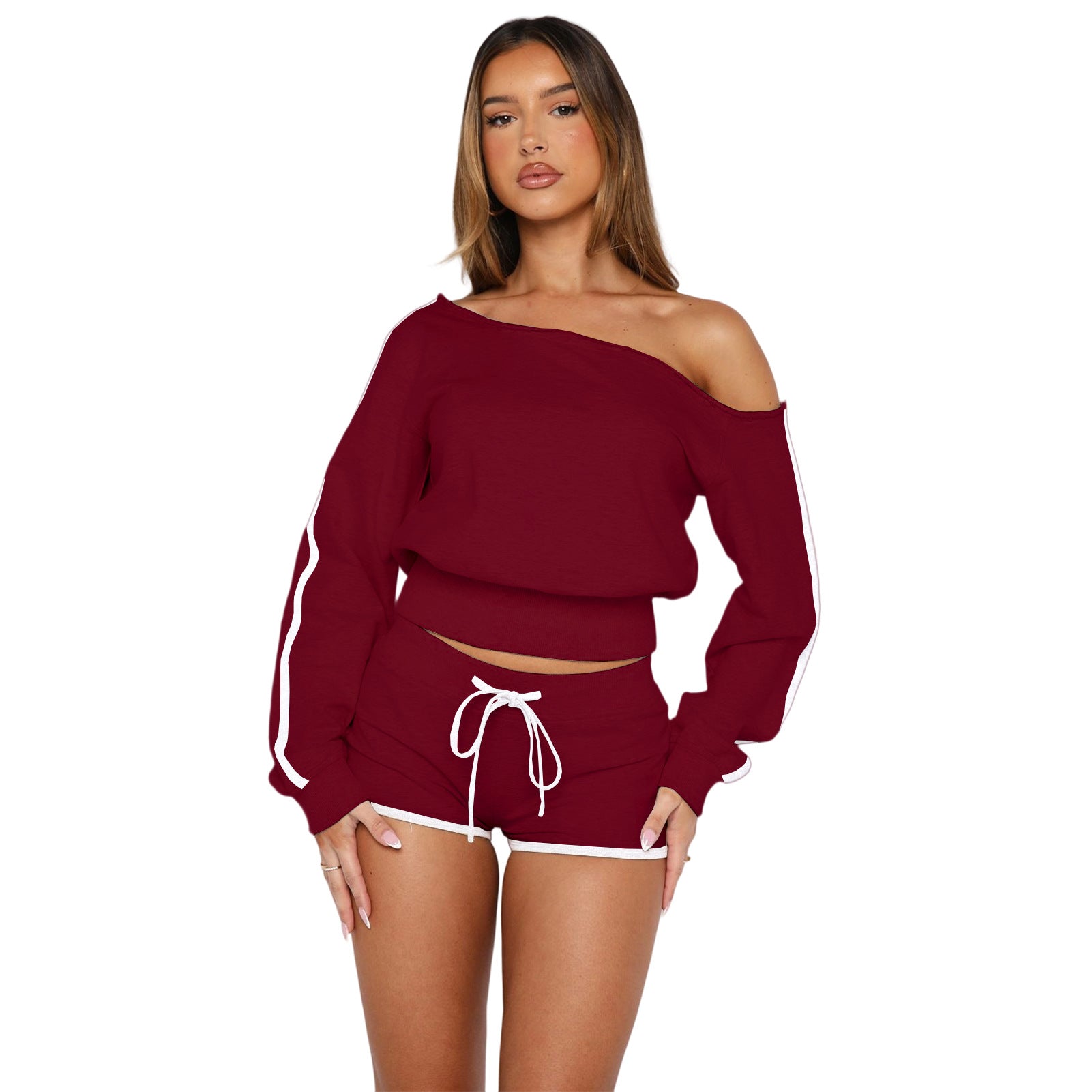 Women's Casual Slash Shoulder Long Sleeve Top Drawstring Shorts Two-Piece Set 42