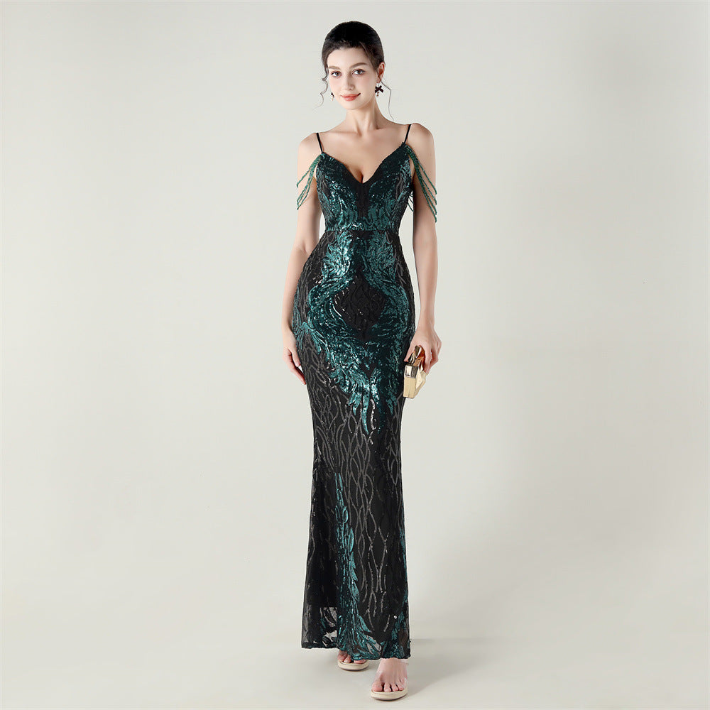 Women dangling beaded chain embroidered sequined V Neck Backless Formal Party evening dress 9