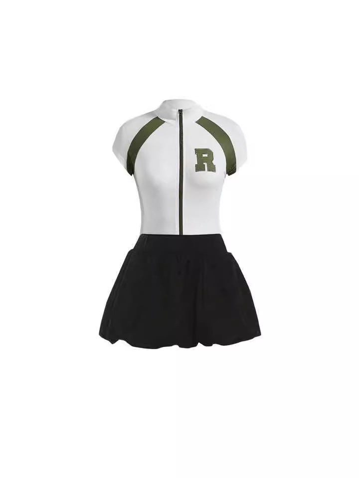American Style Zipper Short Sleeve T-Shirt Women's Chic Pure Sexy Skirt Set 4