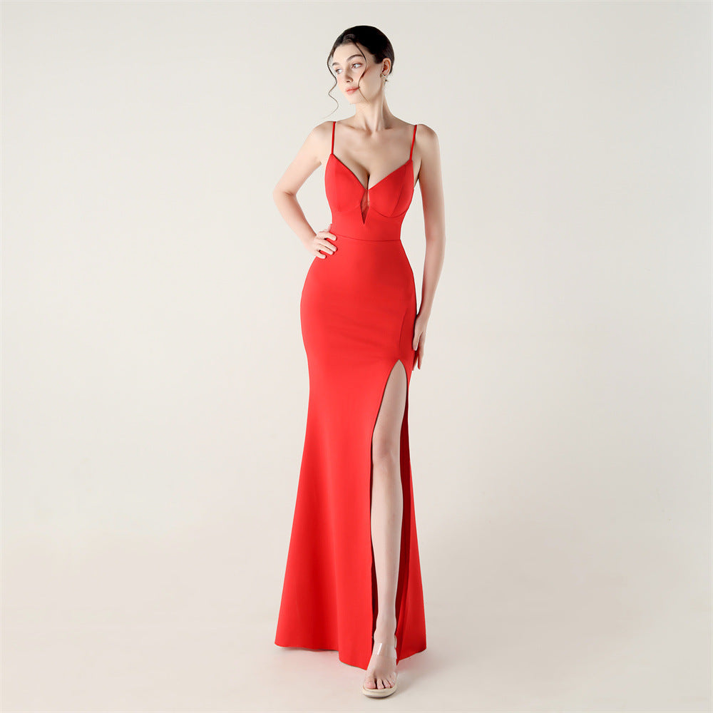 Women fishbone lace-up V neck suspender sexy formal party fishtail evening dress 10