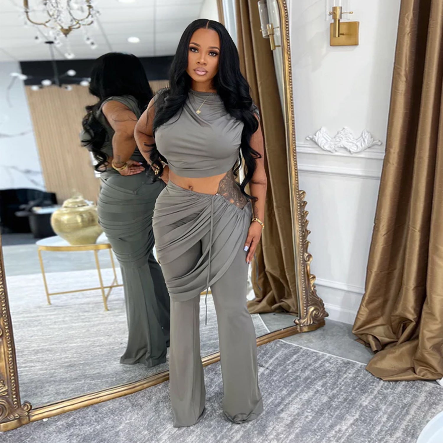 Women Casual Sleeveless Crop Top and Two-Piece Pants Set 6