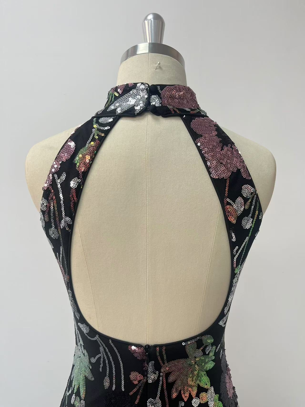 Women Spring Summer Sexy Backless Party Shiny Embroidered Flower Mini Dress 12