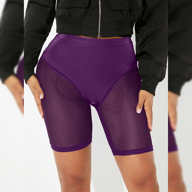 Spring & Summer Women's Solid Color Elastic Waist See-Through Mesh Leather Patchwork Tight-Fitting Knee-Length Shorts 8