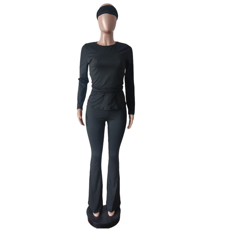 Tight Fitting Solid Color Sexy Slim Elastic Band Turban Two Piece Pants Set 20