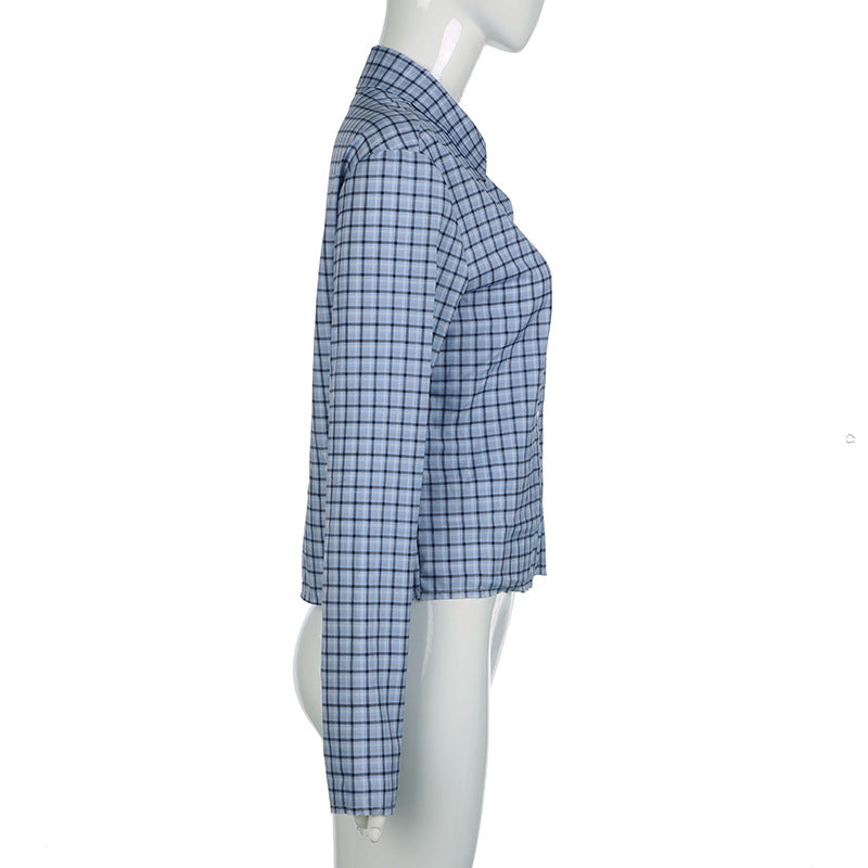 Women Fall Casual Turndown Collar Long Sleeve Top Plaid Shirt 7