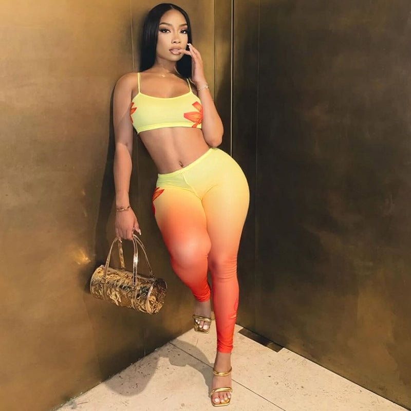 Women Sexy Floral Gradient Printed Camisole Vest Top and Trousers Two-Piece Set 8